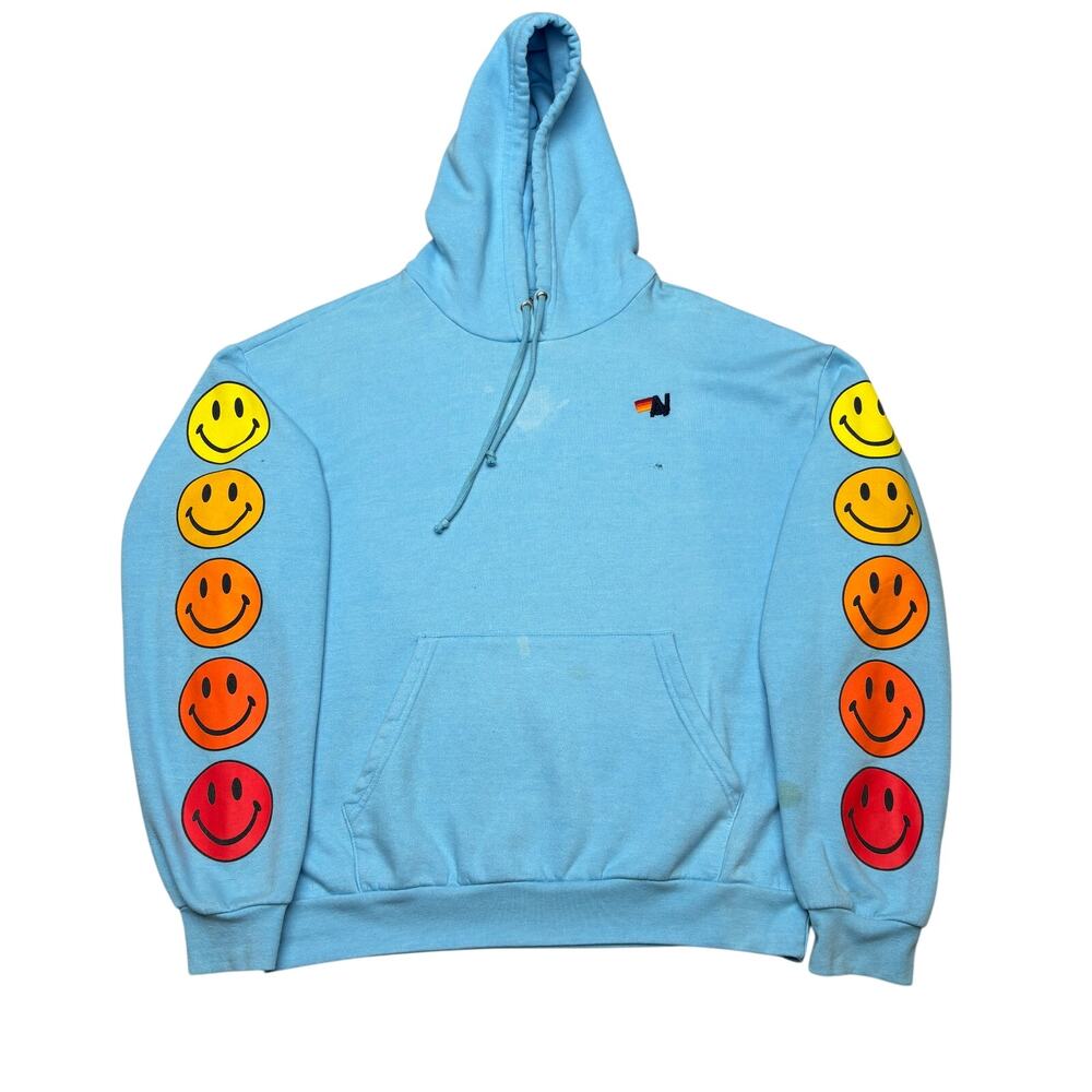 Aviator Nation Light Blue Hoodie with Rainbow Smiley Sleeves